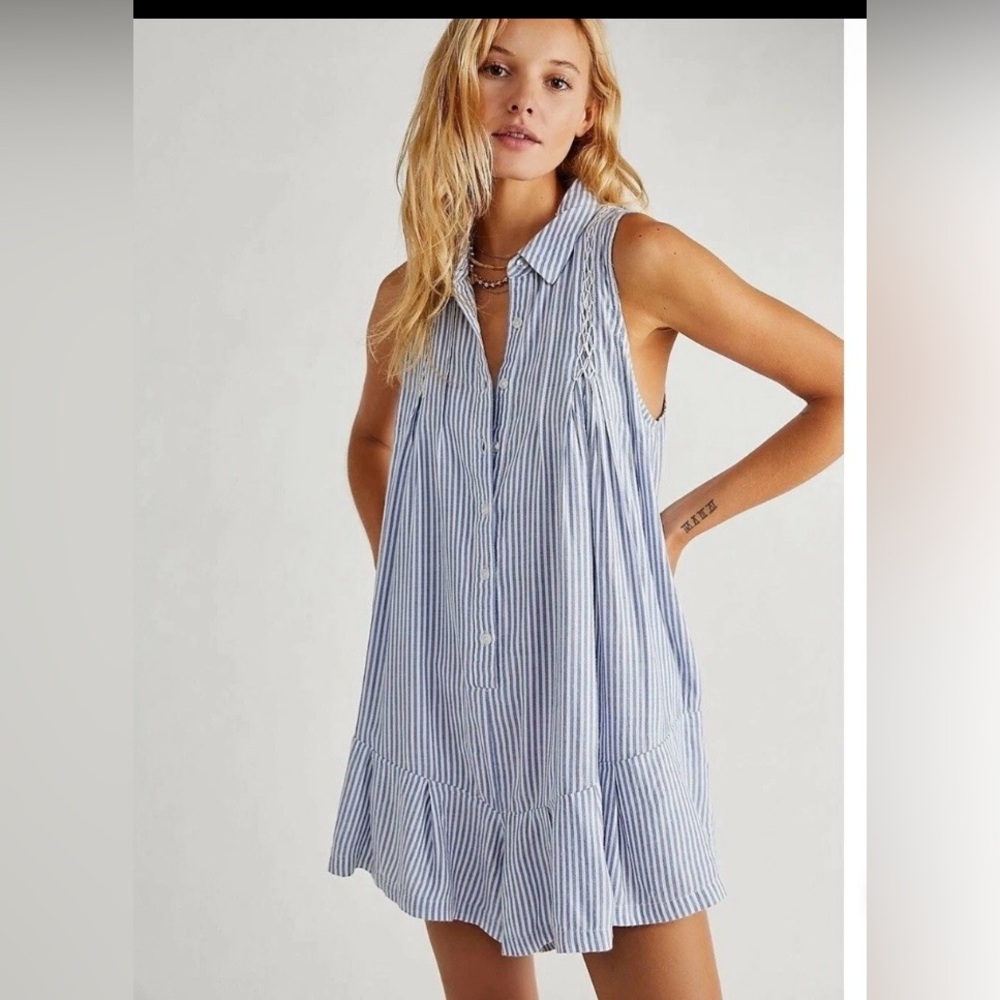 Free People Blue and White Striped Button-Down Collared Romper